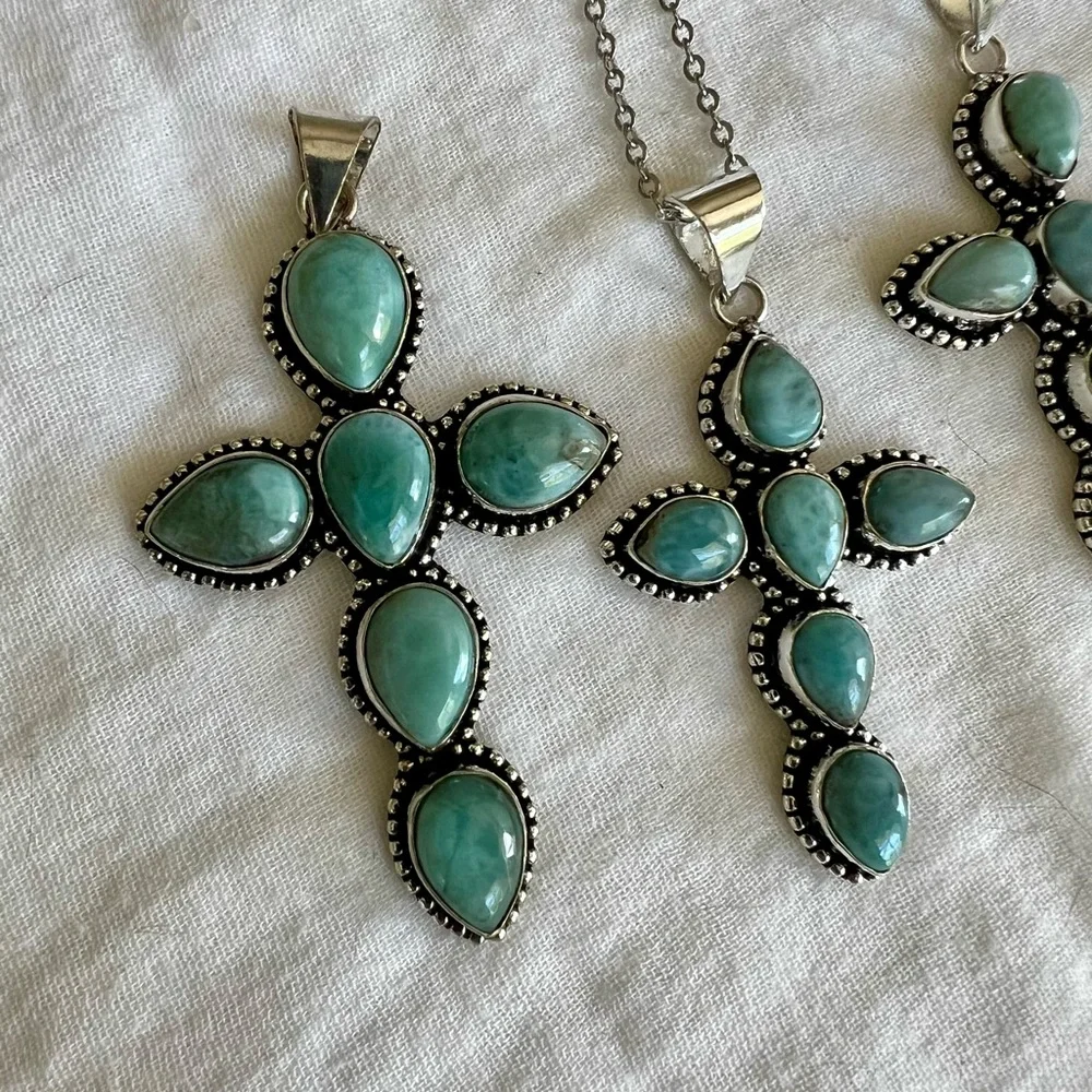 925 Calming Caribbean Larimar Cross Necklace Pendant (you choose size!) - Picture 5 of 9